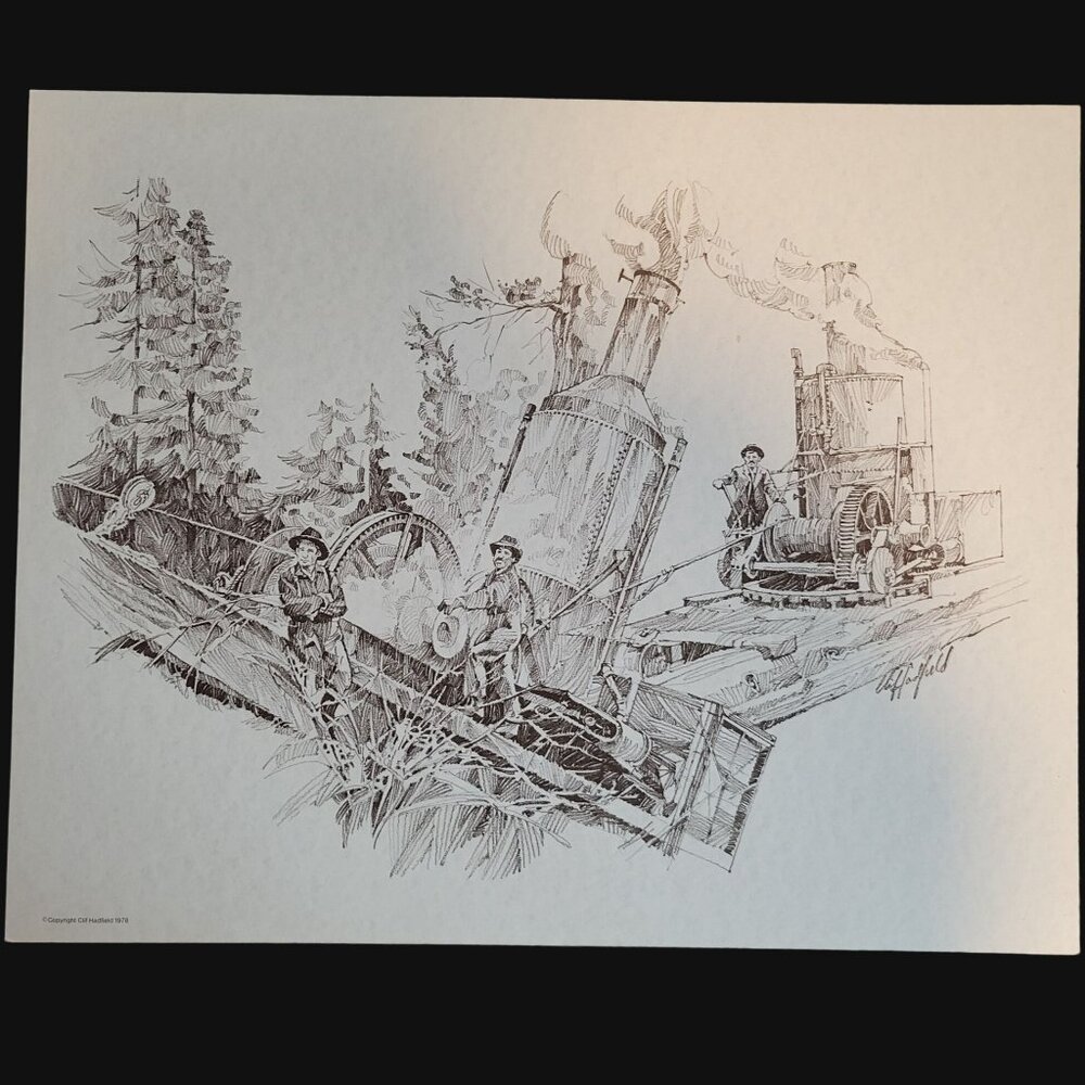 Logging Scene Steam Donkey Print Monochrome Sketch Print Clif Hadfield 1978